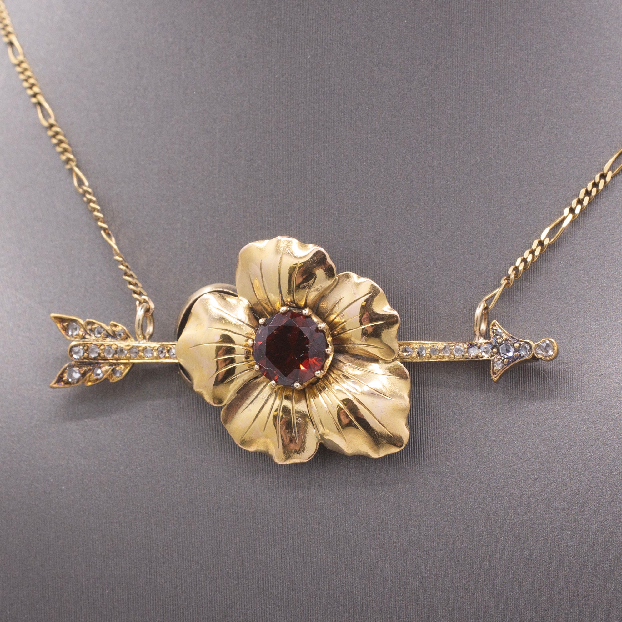 Romantic Antique Victorian Garnet & Diamond Arrow Flower Necklace in 14k Yellow Gold