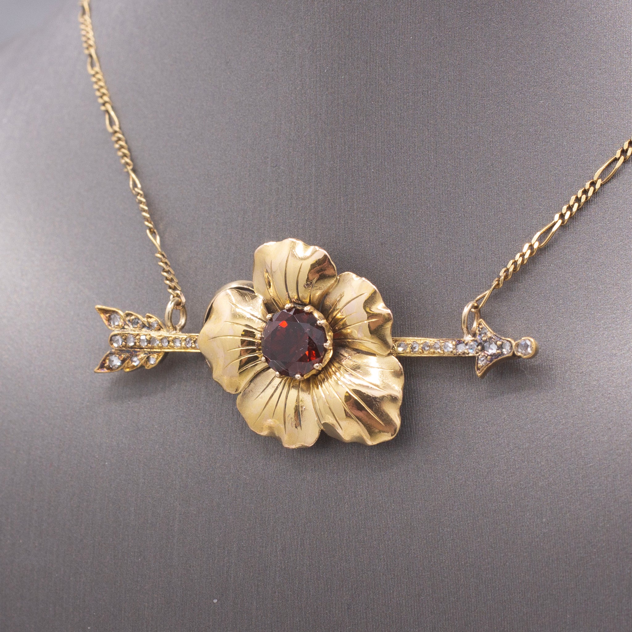 Romantic Antique Victorian Garnet & Diamond Arrow Flower Necklace in 14k Yellow Gold