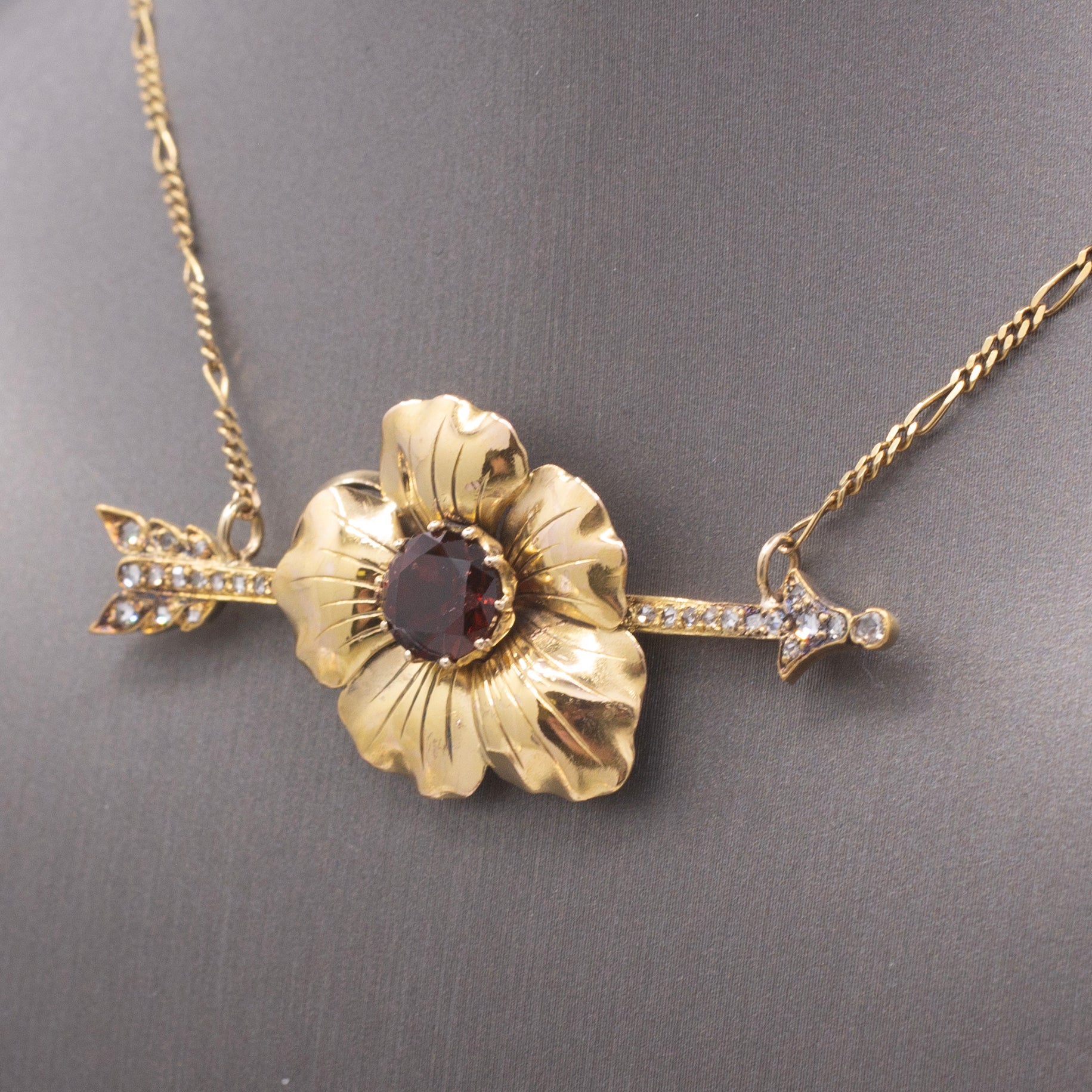 Romantic Antique Victorian Garnet & Diamond Arrow Flower Necklace in 14k Yellow Gold