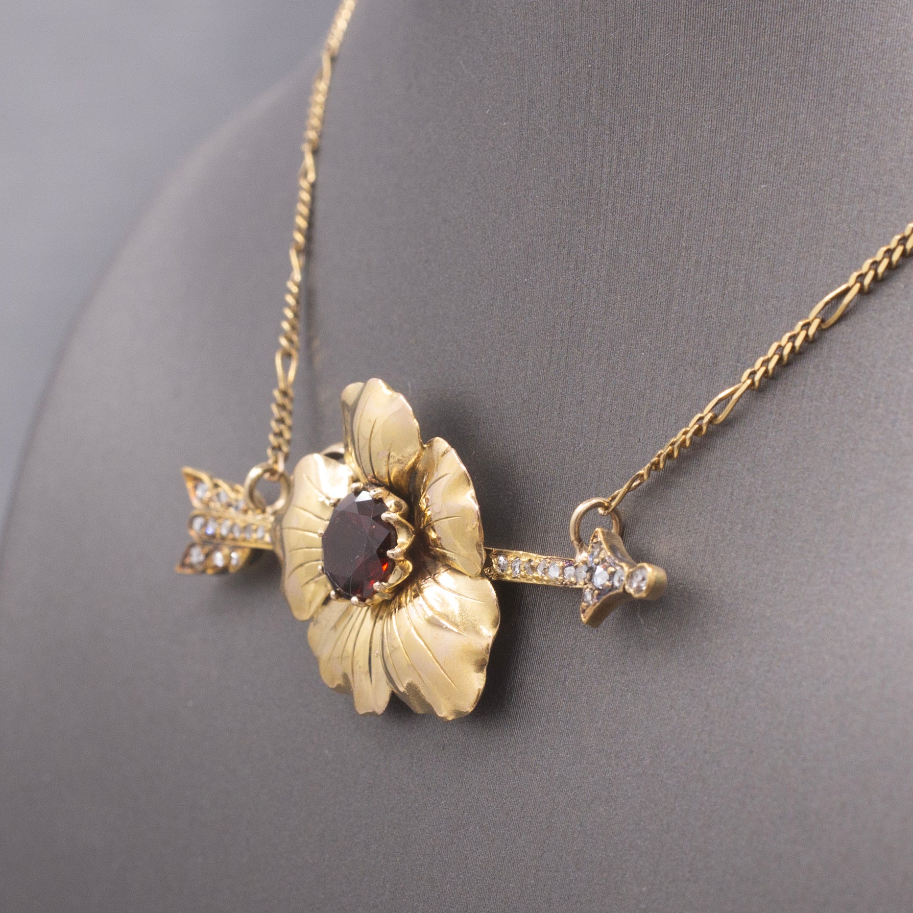 Romantic Antique Victorian Garnet & Diamond Arrow Flower Necklace in 14k Yellow Gold