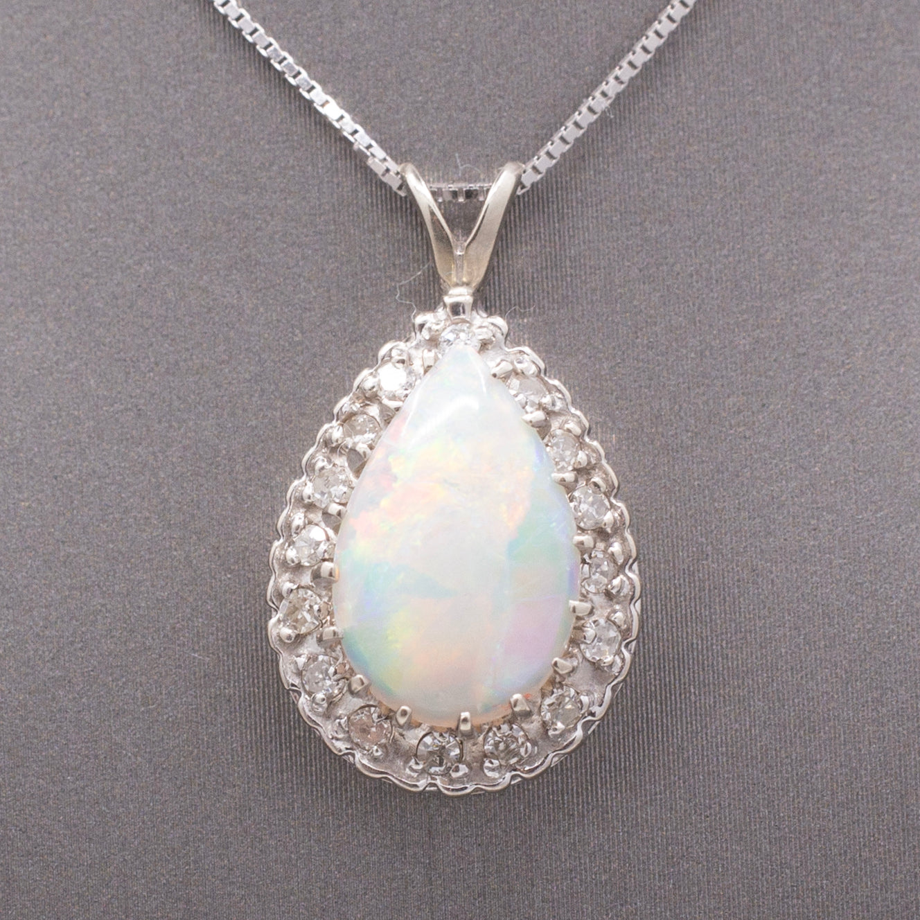 Vintage Australian Opal and Diamond Teardrop Pendant Necklace in 14k White Gold