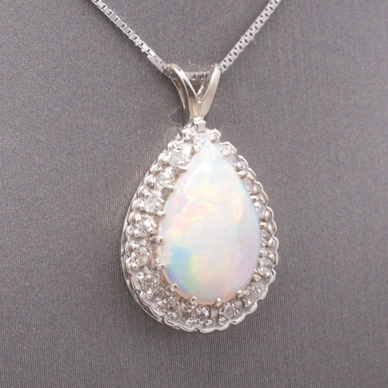 Vintage Australian Opal and Diamond Teardrop Pendant Necklace in 14k White Gold
