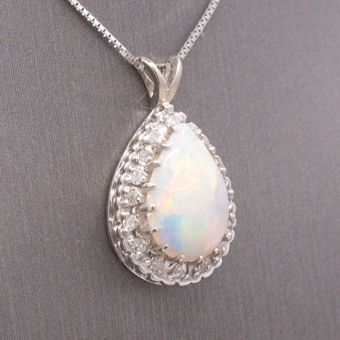 Vintage Australian Opal and Diamond Teardrop Pendant Necklace in 14k White Gold