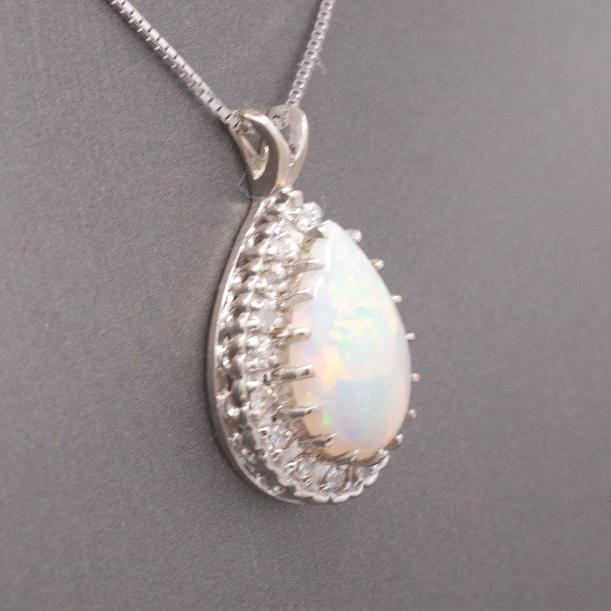 Vintage Australian Opal and Diamond Teardrop Pendant Necklace in 14k White Gold