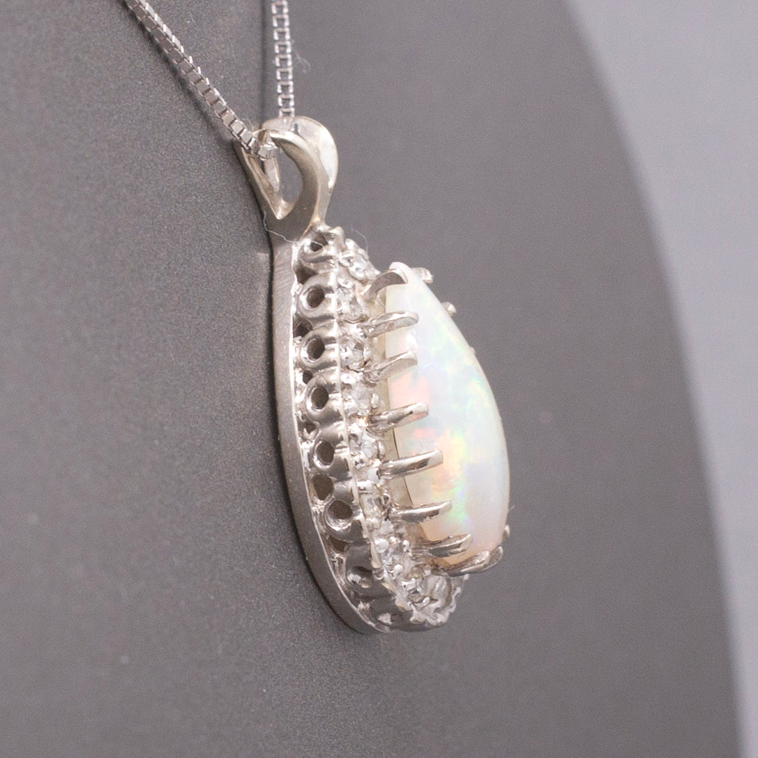 Vintage Australian Opal and Diamond Teardrop Pendant Necklace in 14k White Gold
