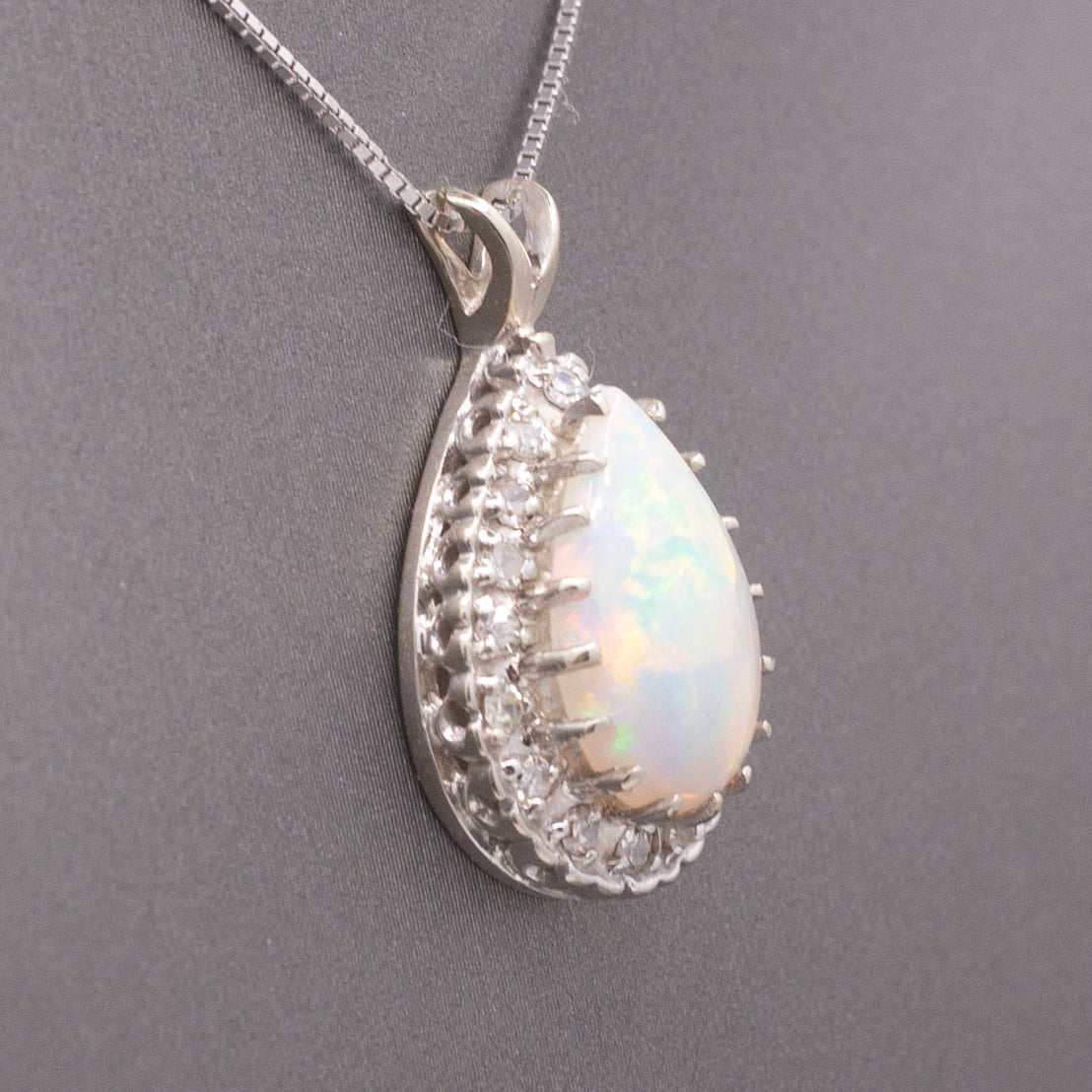 Vintage Australian Opal and Diamond Teardrop Pendant Necklace in 14k White Gold
