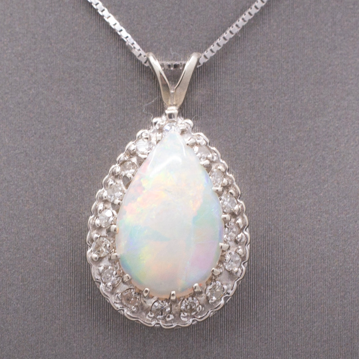 Vintage Australian Opal and Diamond Teardrop Pendant Necklace in 14k White Gold