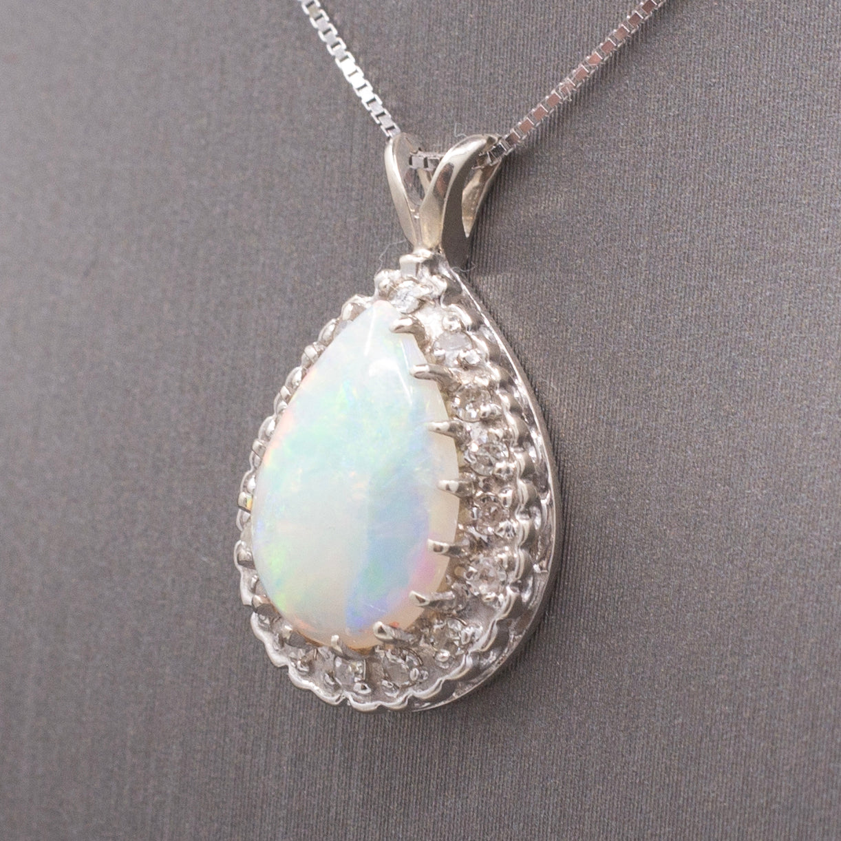 Vintage Australian Opal and Diamond Teardrop Pendant Necklace in 14k White Gold