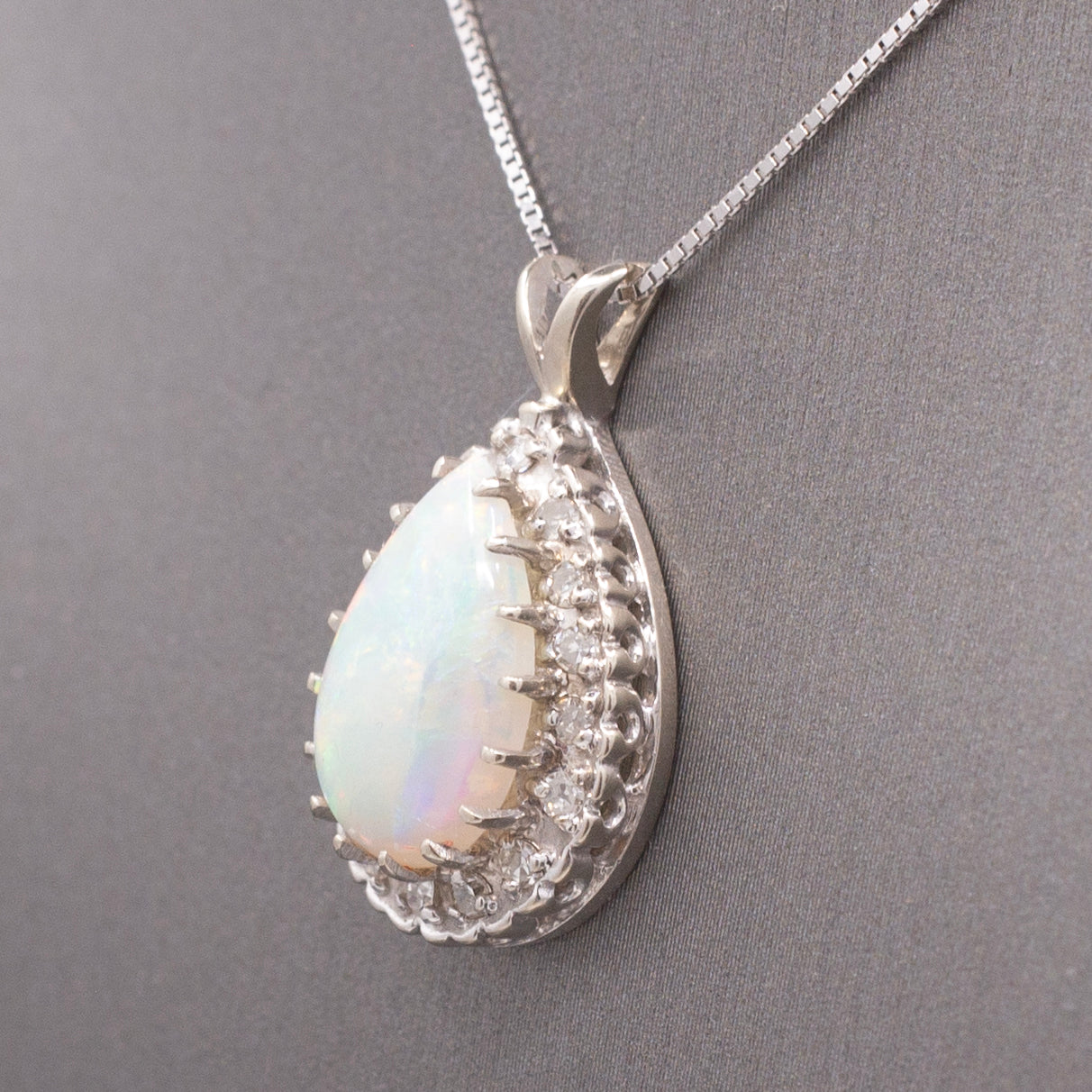 Vintage Australian Opal and Diamond Teardrop Pendant Necklace in 14k White Gold