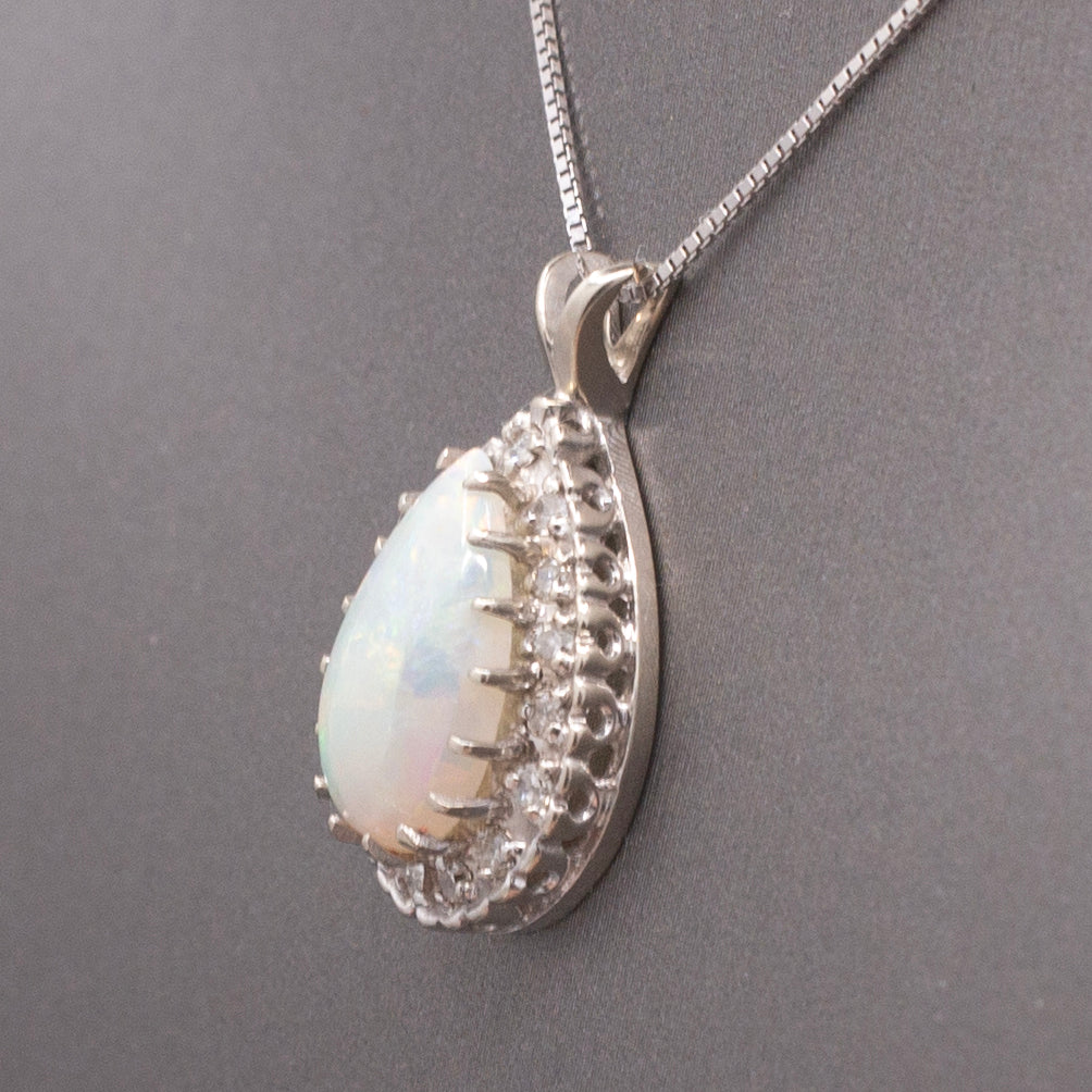 Vintage Australian Opal and Diamond Teardrop Pendant Necklace in 14k White Gold