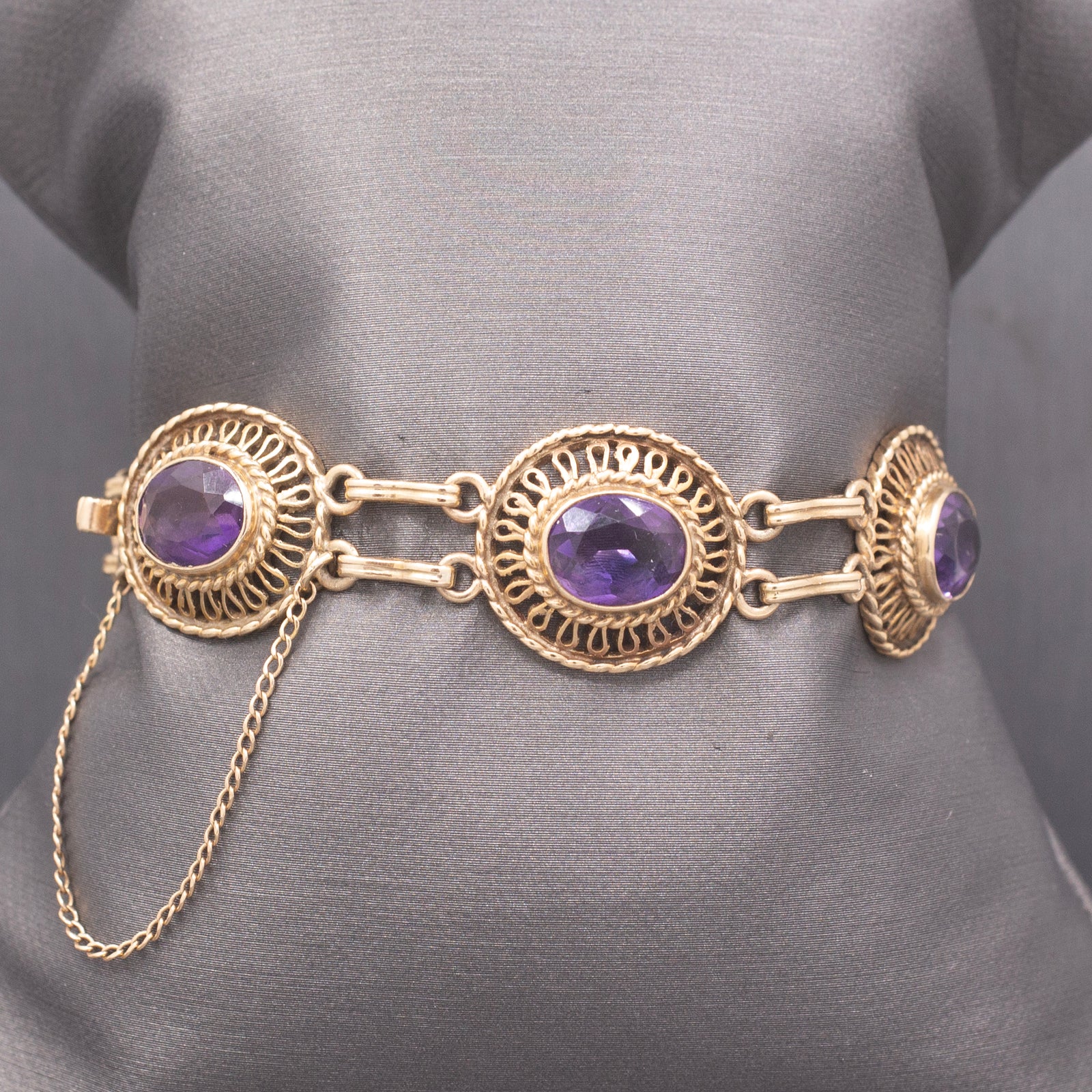 Antique Victorian Revival Amethyst Link Bracelet in 14k Yellow Gold
