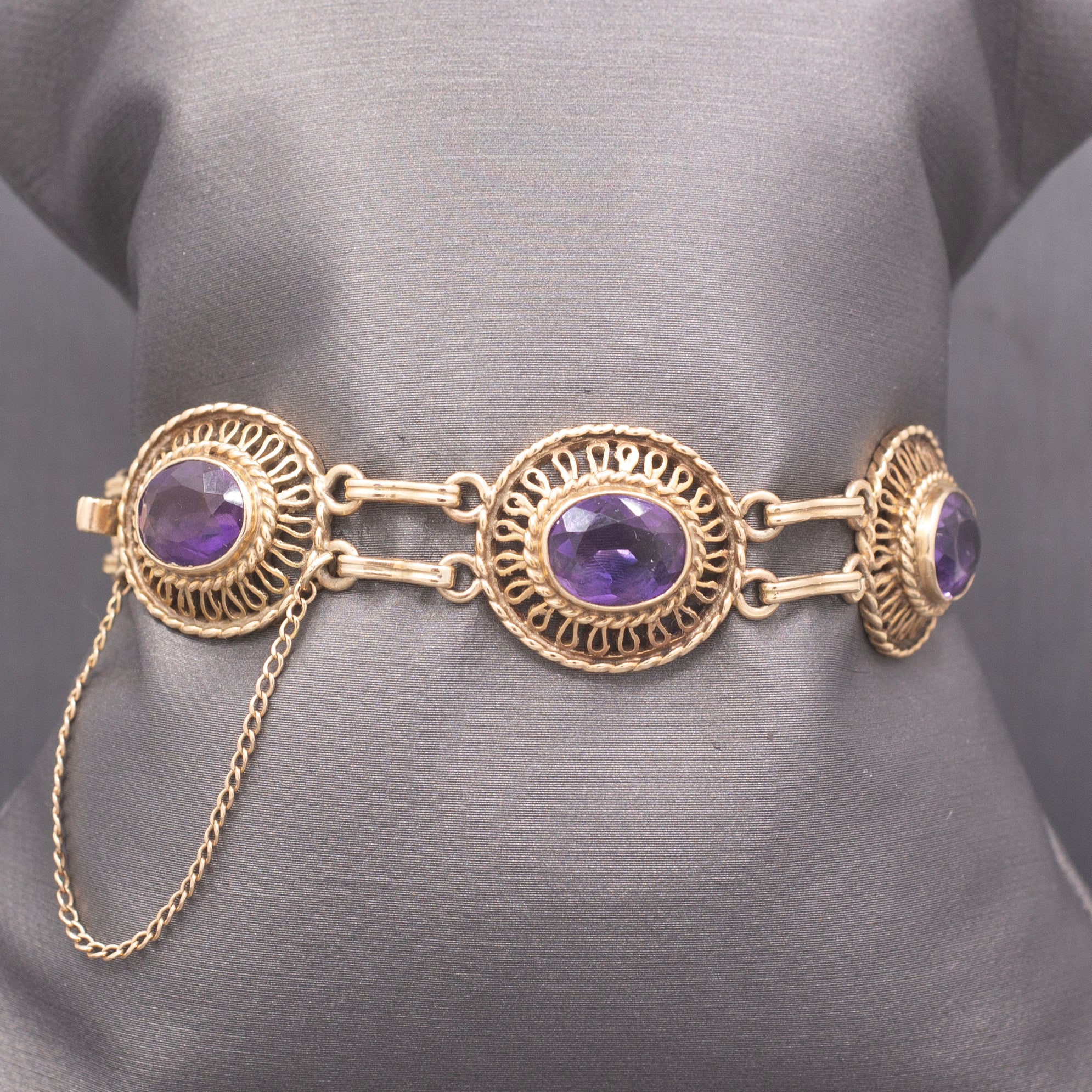 Antique Victorian Revival Amethyst Link Bracelet in 14k Yellow Gold