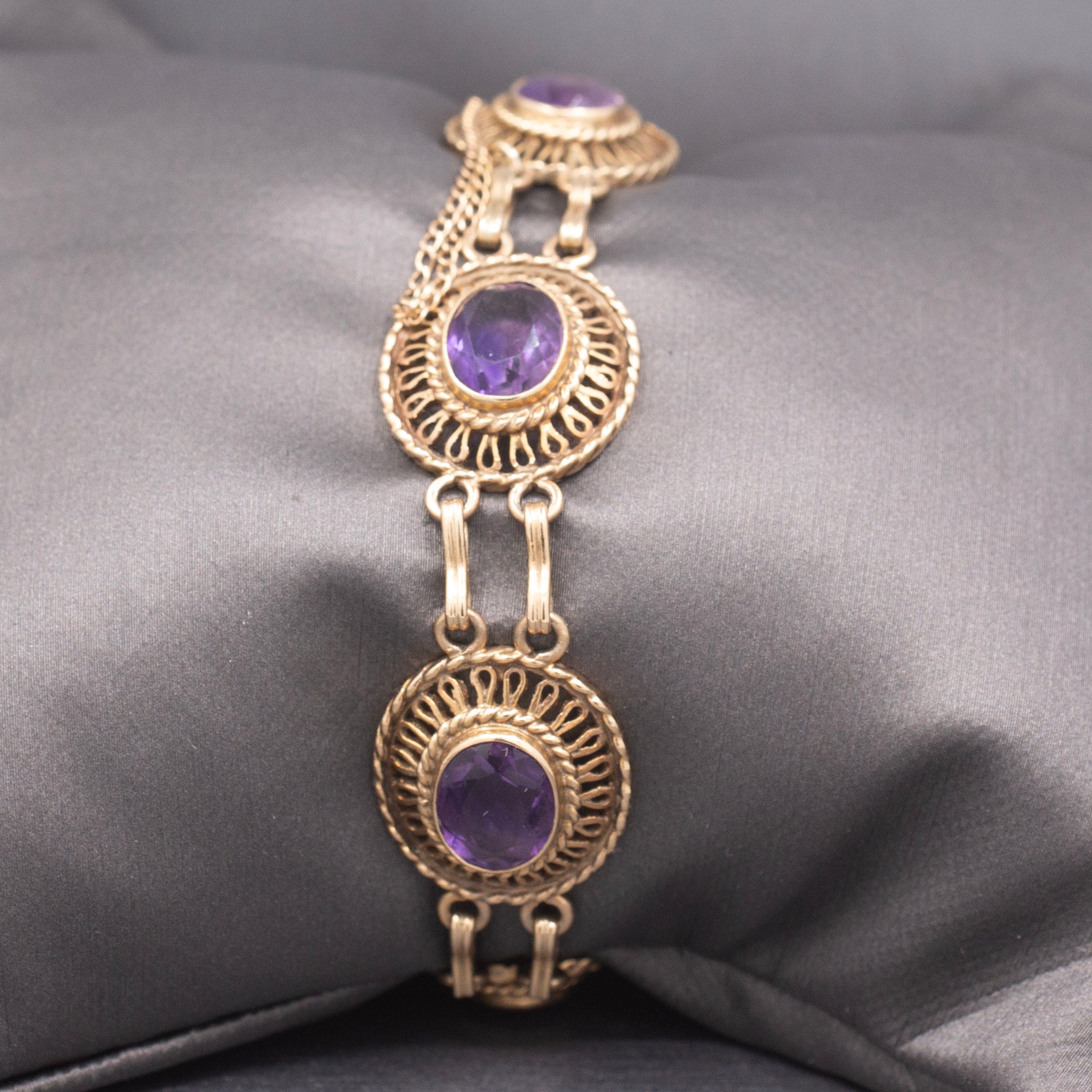 Antique Victorian Revival Amethyst Link Bracelet in 14k Yellow Gold