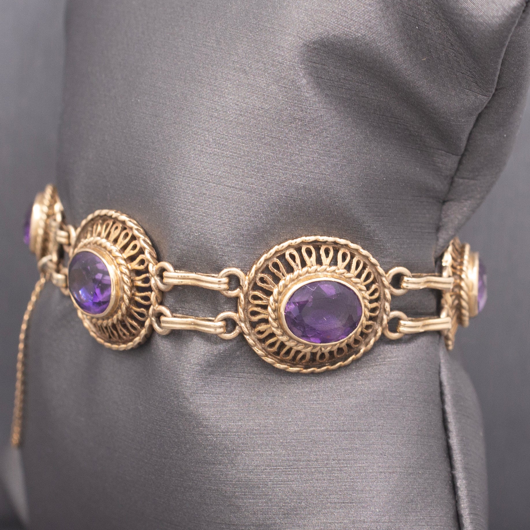 Antique Victorian Revival Amethyst Link Bracelet in 14k Yellow Gold