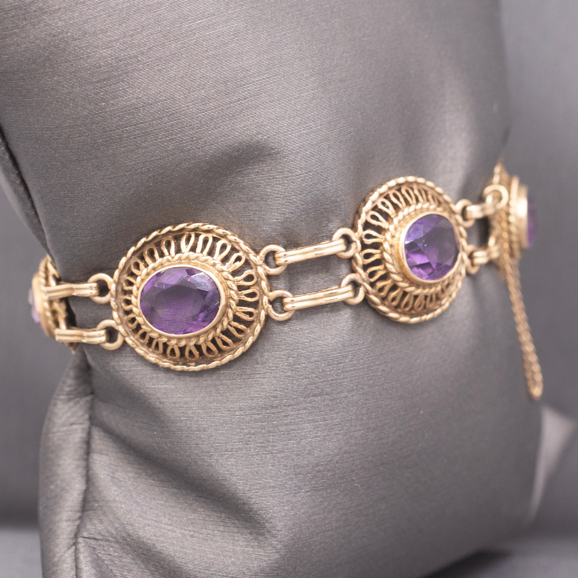 Antique Victorian Revival Amethyst Link Bracelet in 14k Yellow Gold