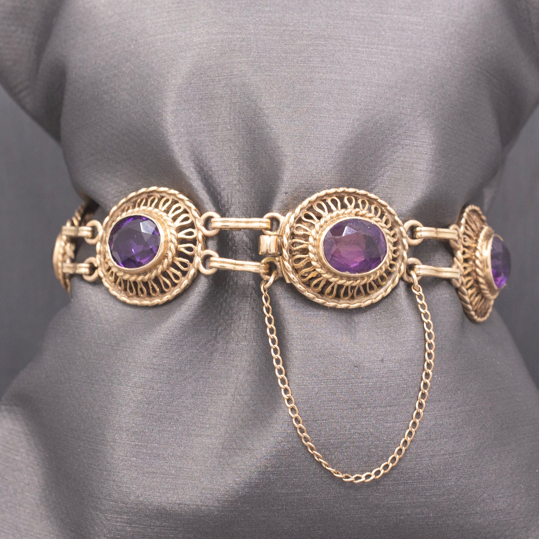 Antique Victorian Revival Amethyst Link Bracelet in 14k Yellow Gold