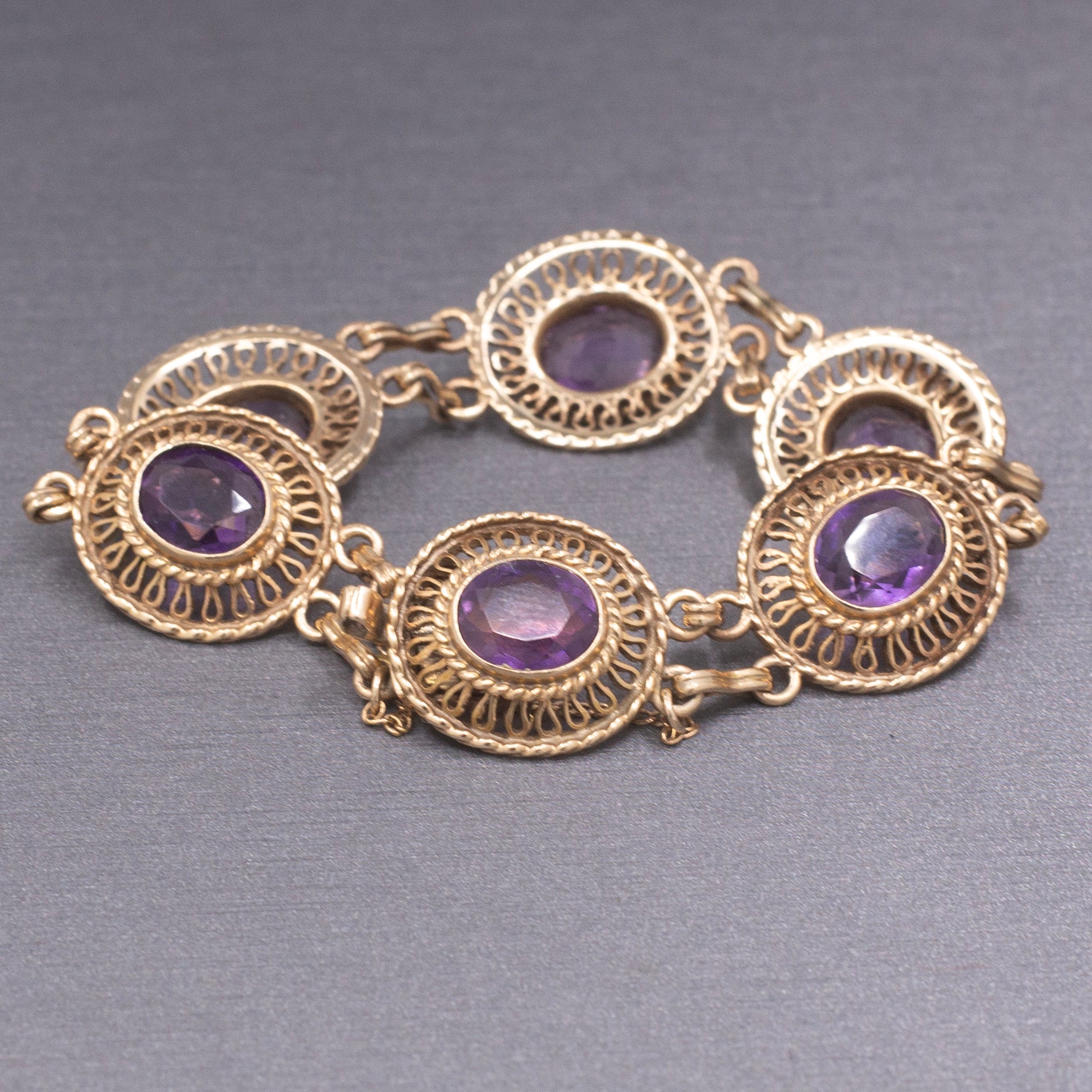 Antique Victorian Revival Amethyst Link Bracelet in 14k Yellow Gold