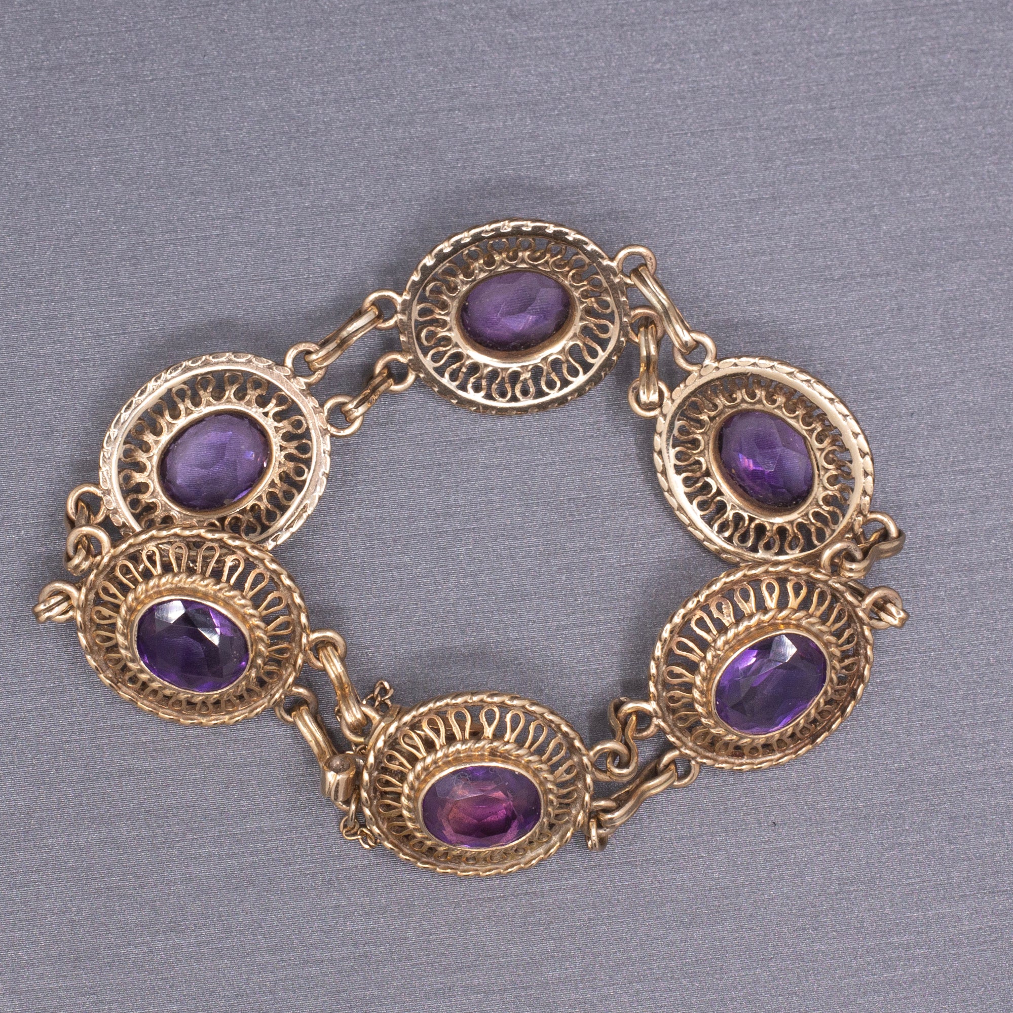 Antique Victorian Revival Amethyst Link Bracelet in 14k Yellow Gold