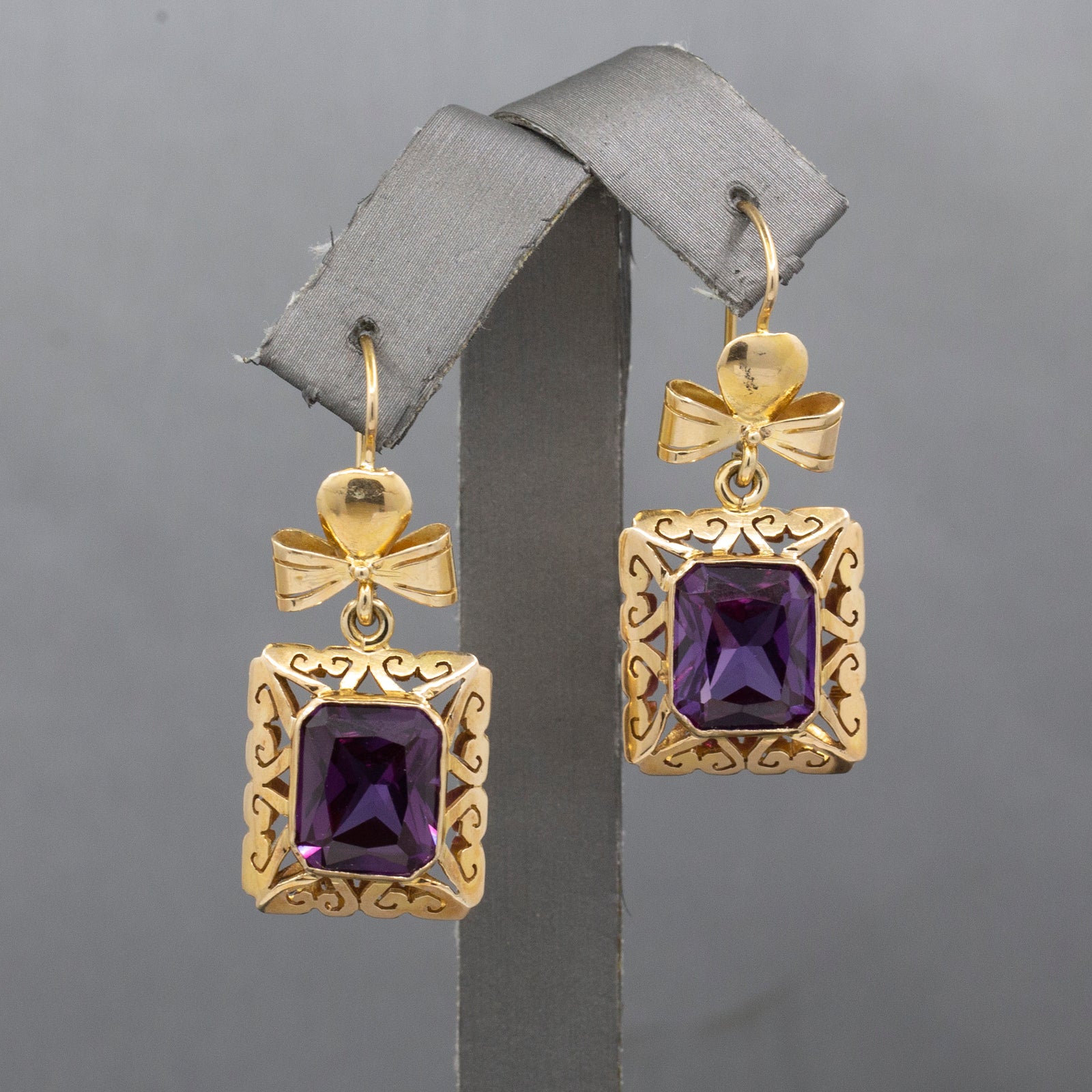 Retro Ribbon Purple Synthetic Sapphire Dangle Earrings in 14k Yellow Gold