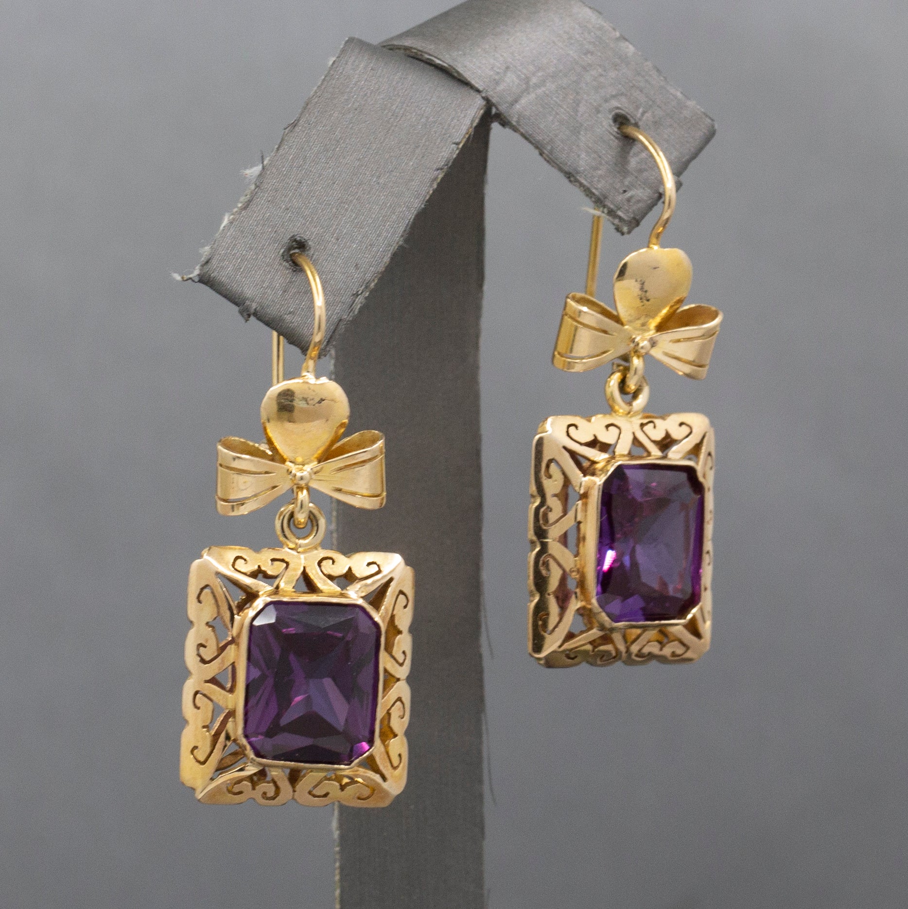 Retro Ribbon Purple Synthetic Sapphire Dangle Earrings in 14k Yellow Gold