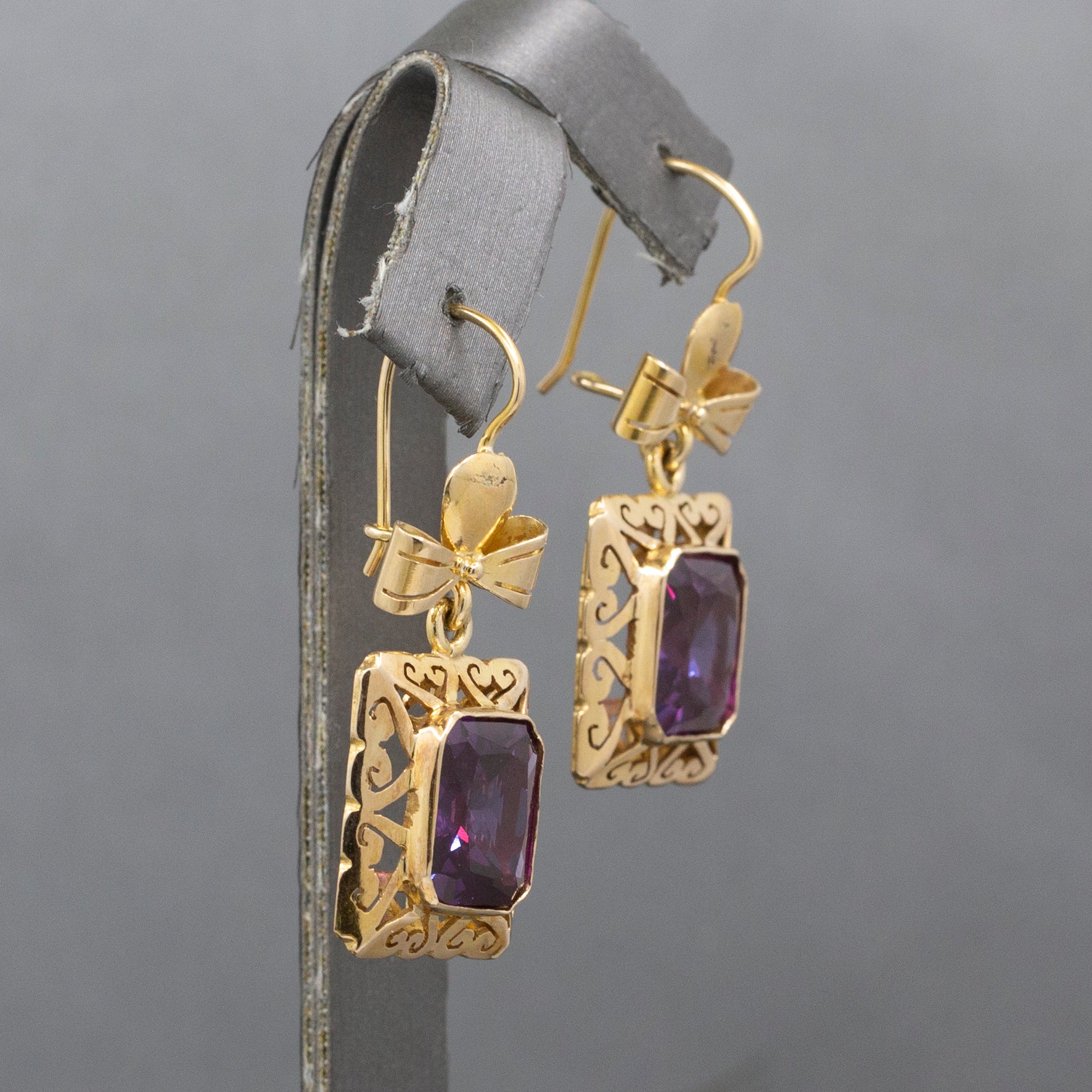 Retro Ribbon Purple Synthetic Sapphire Dangle Earrings in 14k Yellow Gold