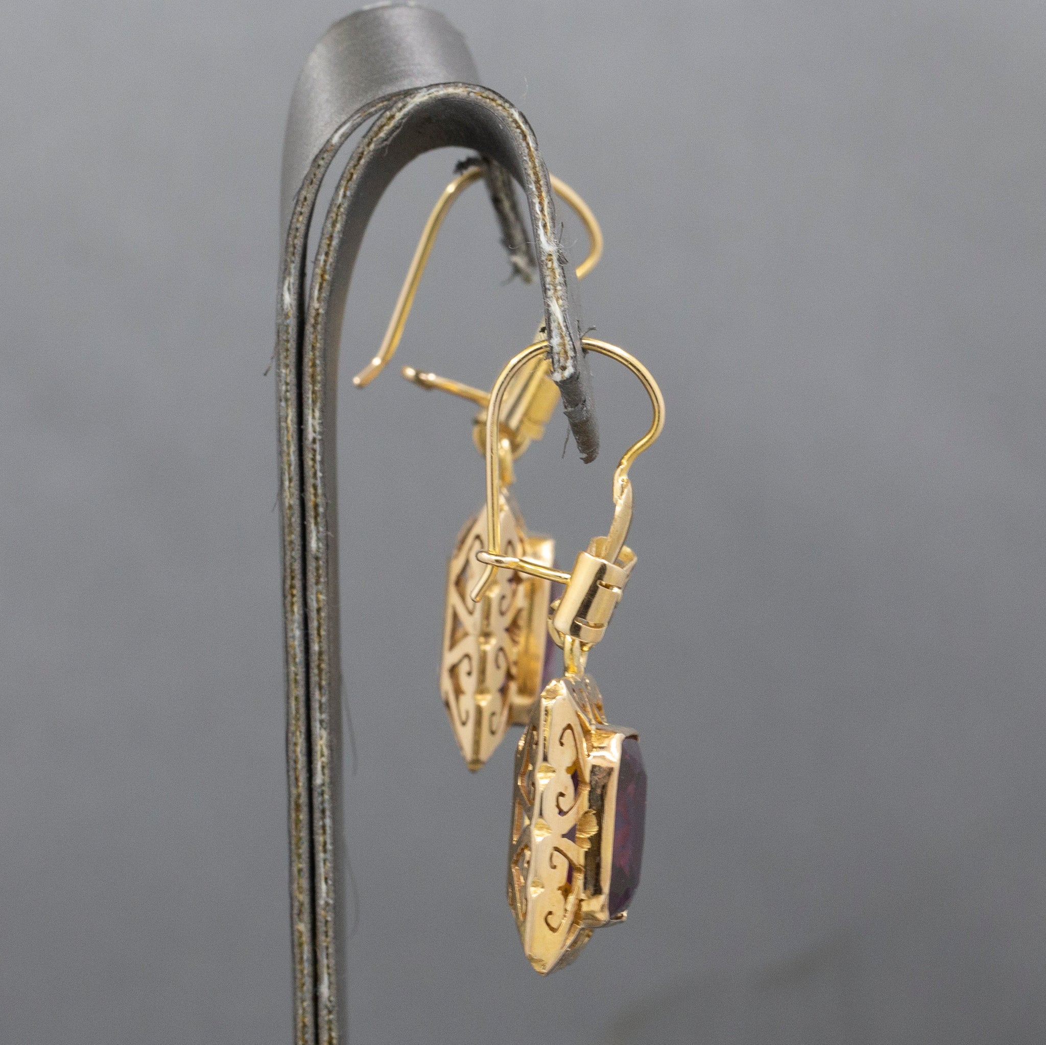 Retro Ribbon Purple Synthetic Sapphire Dangle Earrings in 14k Yellow Gold