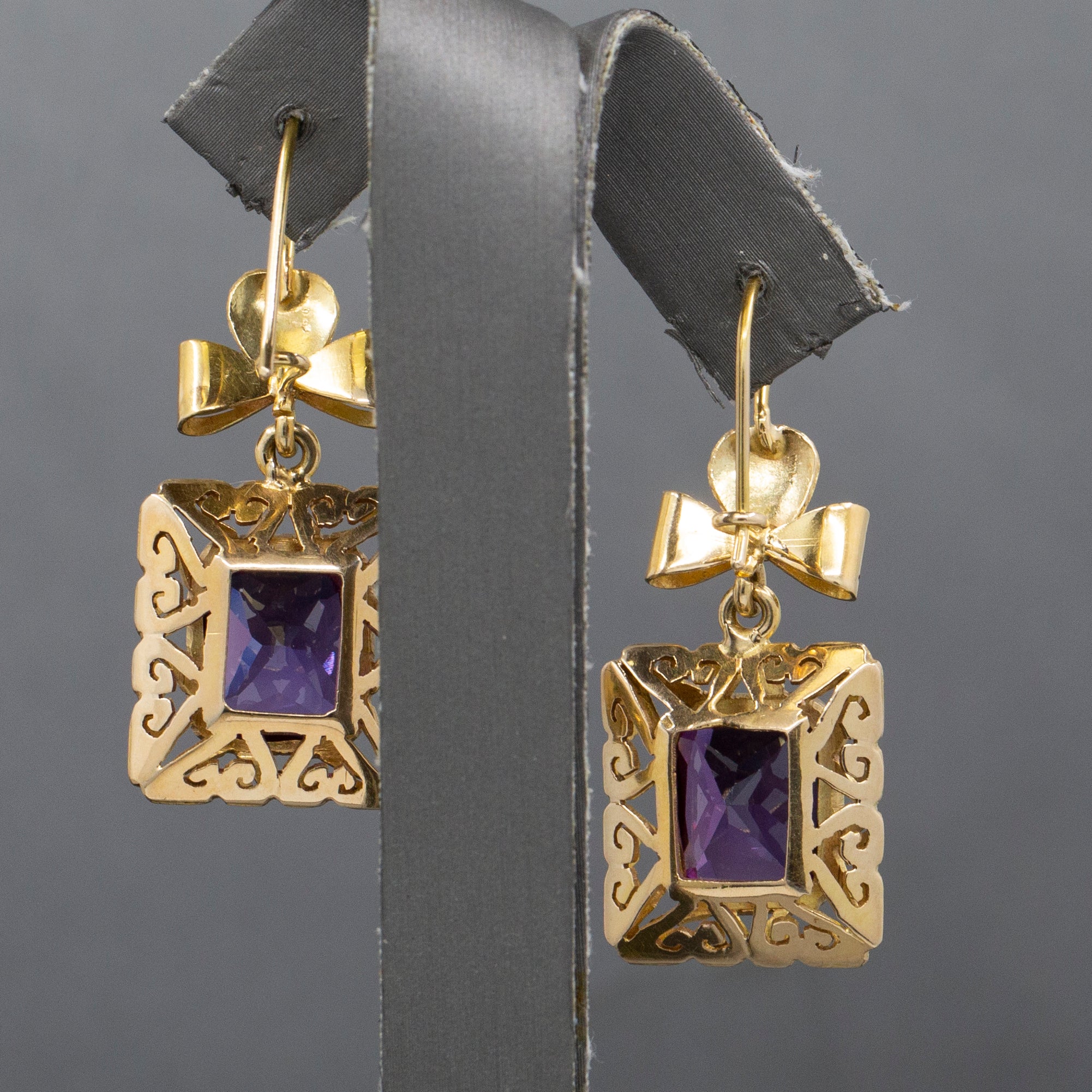 Retro Ribbon Purple Synthetic Sapphire Dangle Earrings in 14k Yellow Gold