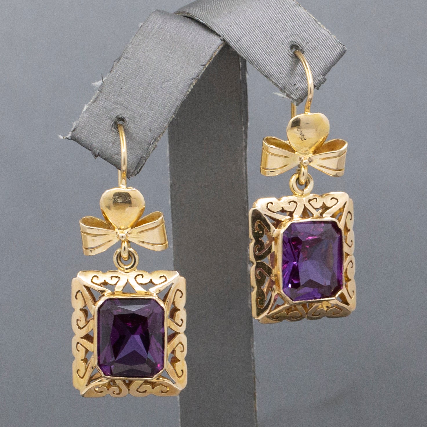 Retro Ribbon Purple Synthetic Sapphire Dangle Earrings in 14k Yellow Gold