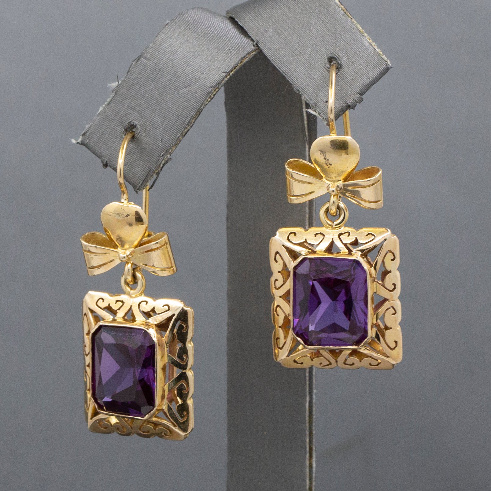 Retro Ribbon Purple Synthetic Sapphire Dangle Earrings in 14k Yellow Gold