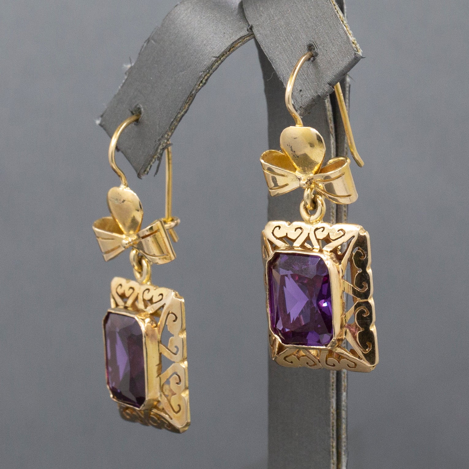 Retro Ribbon Purple Synthetic Sapphire Dangle Earrings in 14k Yellow Gold