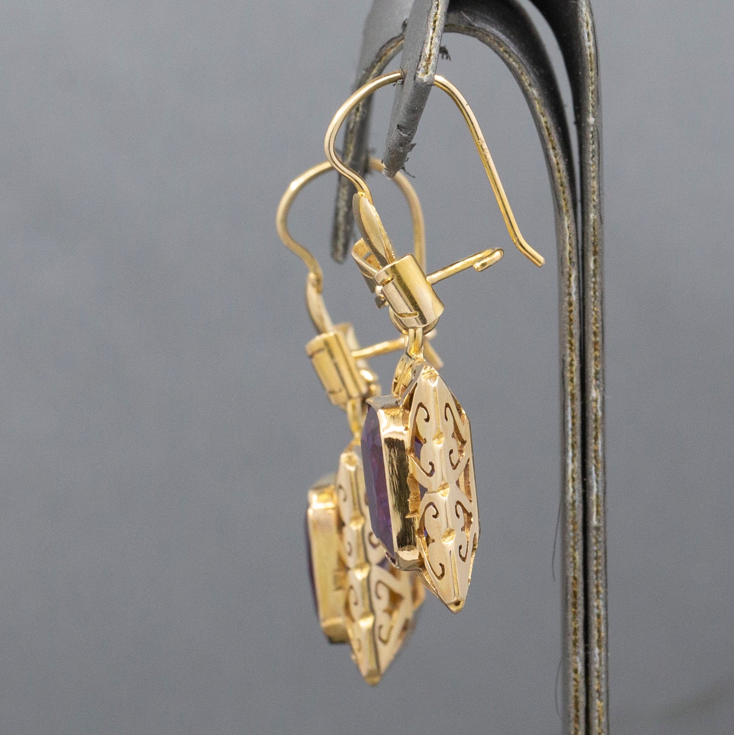 Retro Ribbon Purple Synthetic Sapphire Dangle Earrings in 14k Yellow Gold