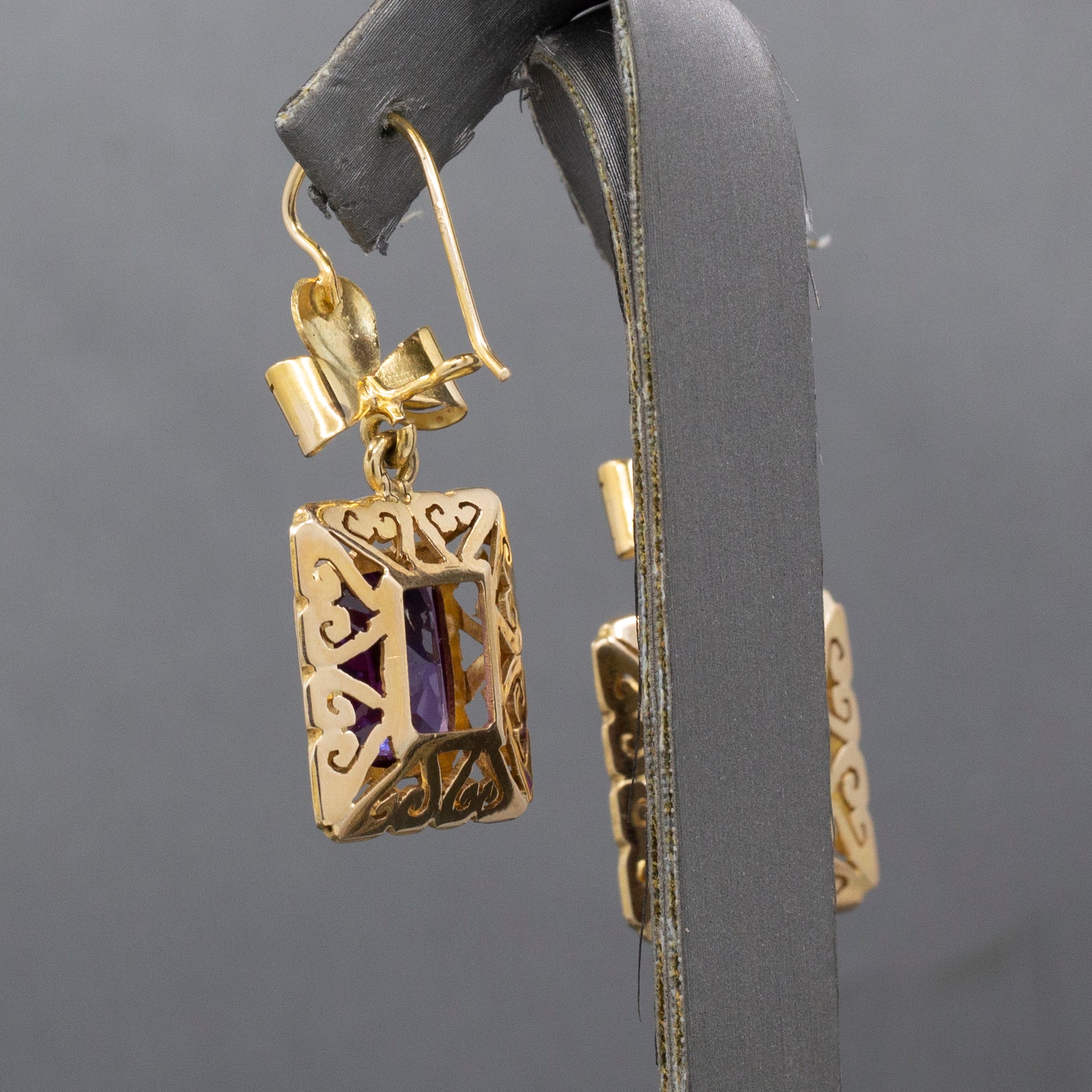 Retro Ribbon Purple Synthetic Sapphire Dangle Earrings in 14k Yellow Gold