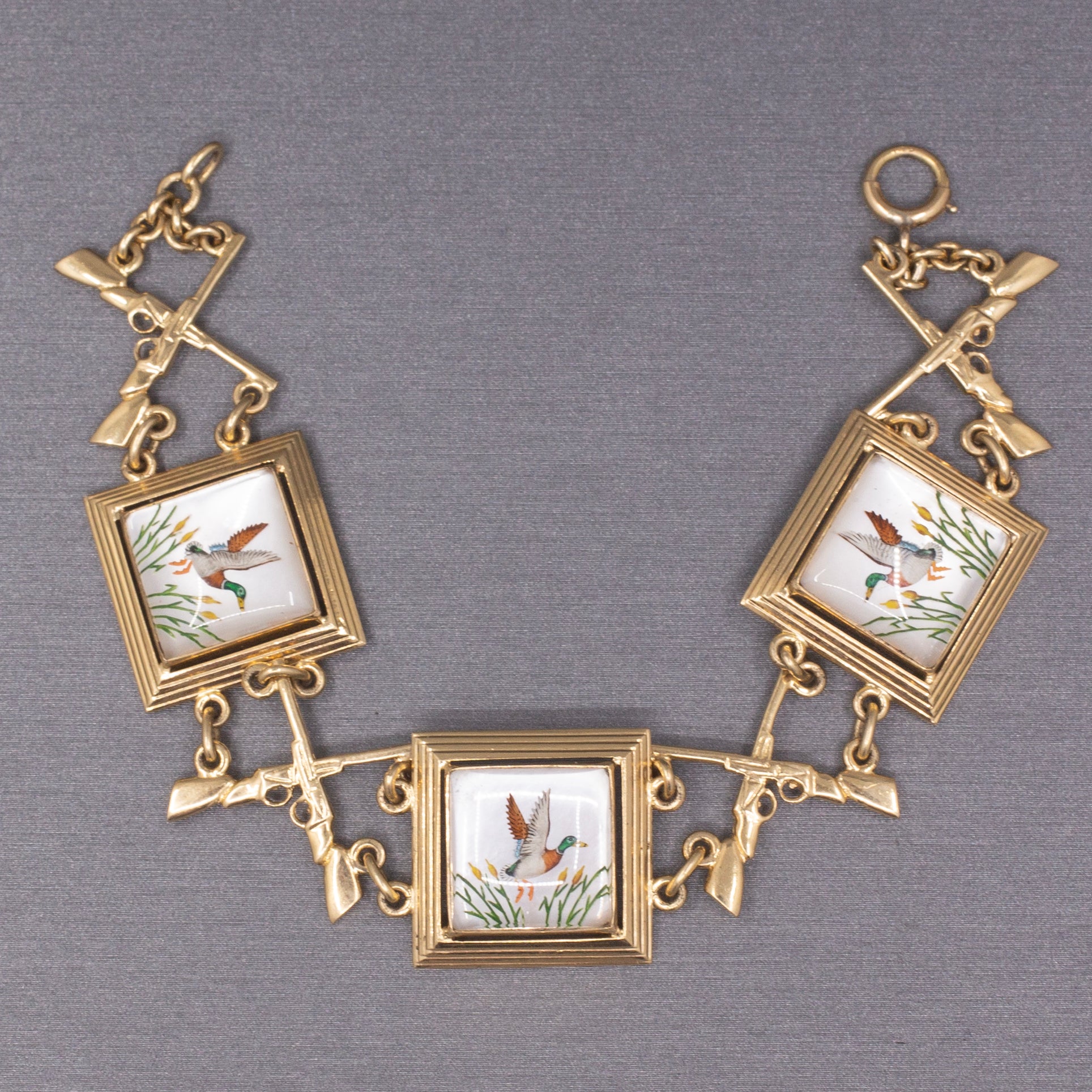 Rare Late Victorian Essex Crystal Duck Mallard Hunting Bracelet in 14k Yellow Gold