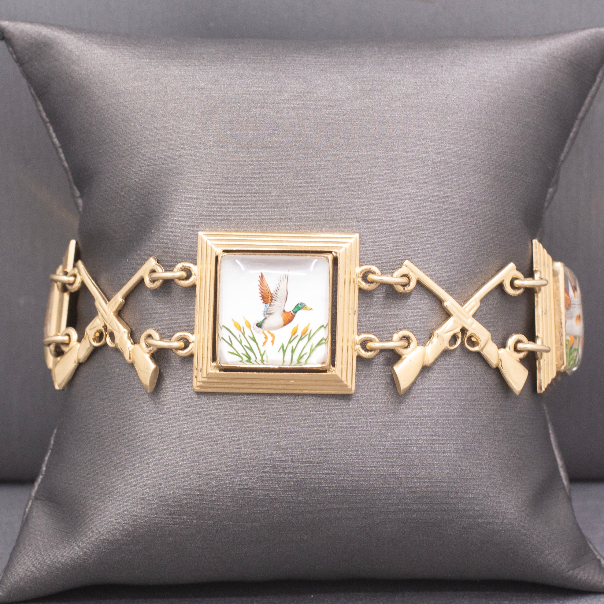 Rare Late Victorian Essex Crystal Duck Mallard Hunting Bracelet in 14k Yellow Gold