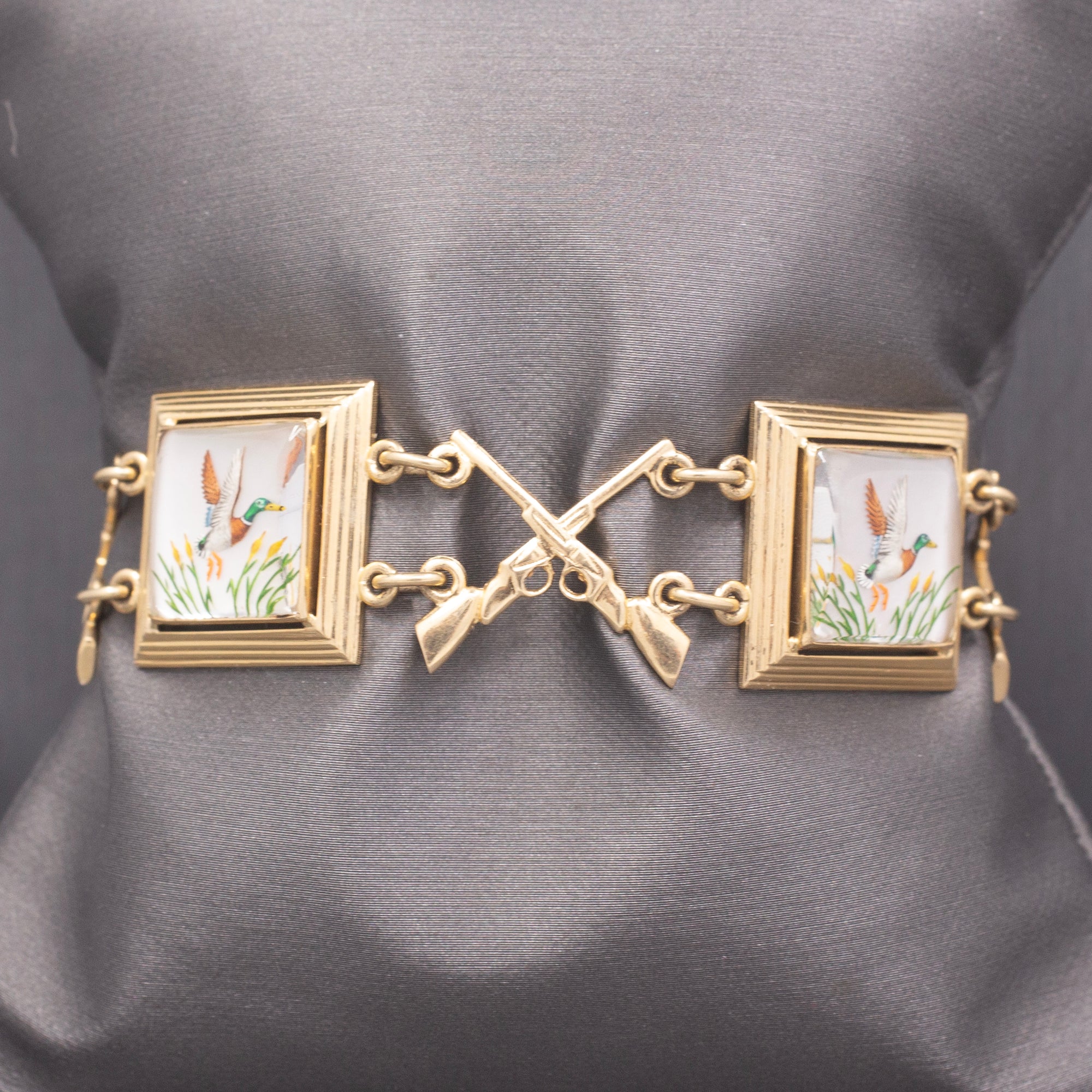 Rare Late Victorian Essex Crystal Duck Mallard Hunting Bracelet in 14k Yellow Gold