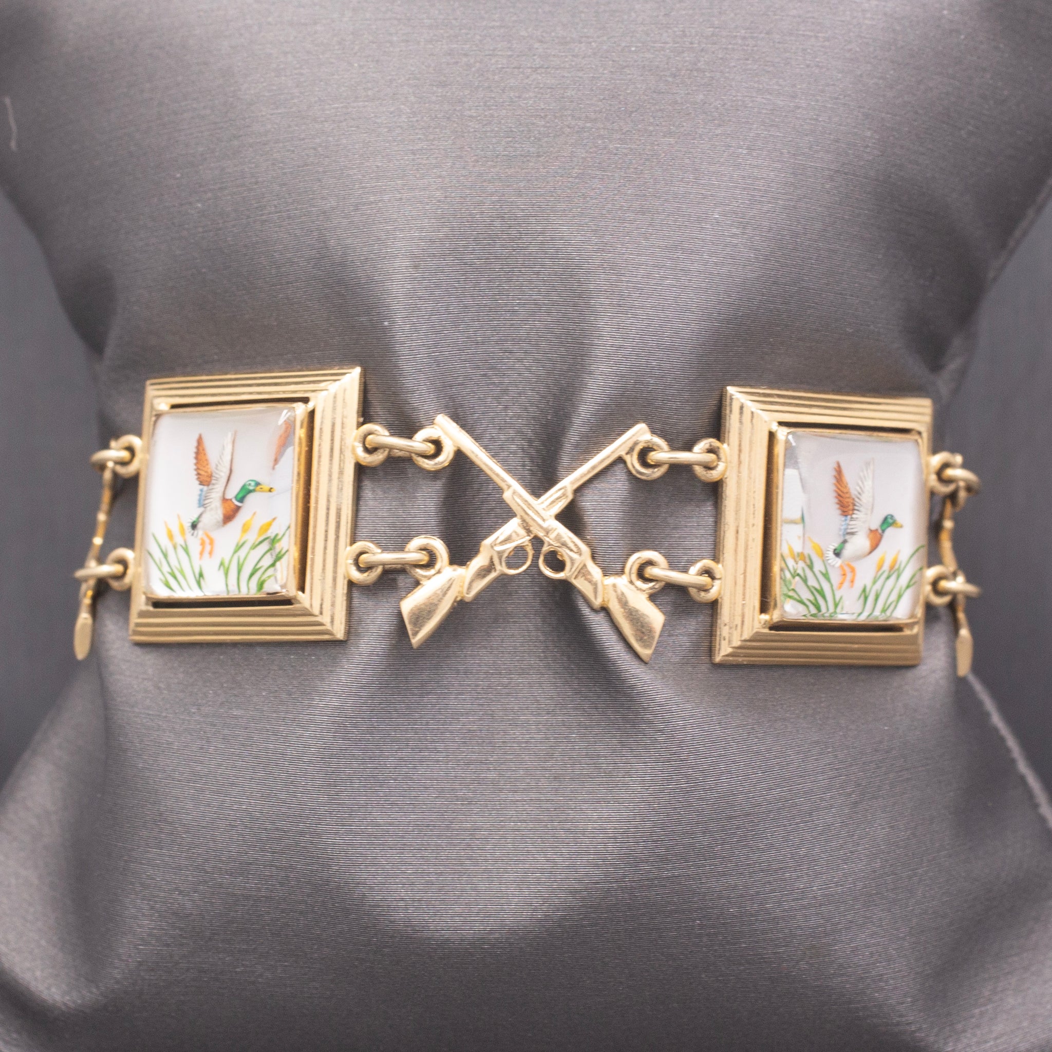 Rare Late Victorian Essex Crystal Duck Mallard Hunting Bracelet in 14k Yellow Gold