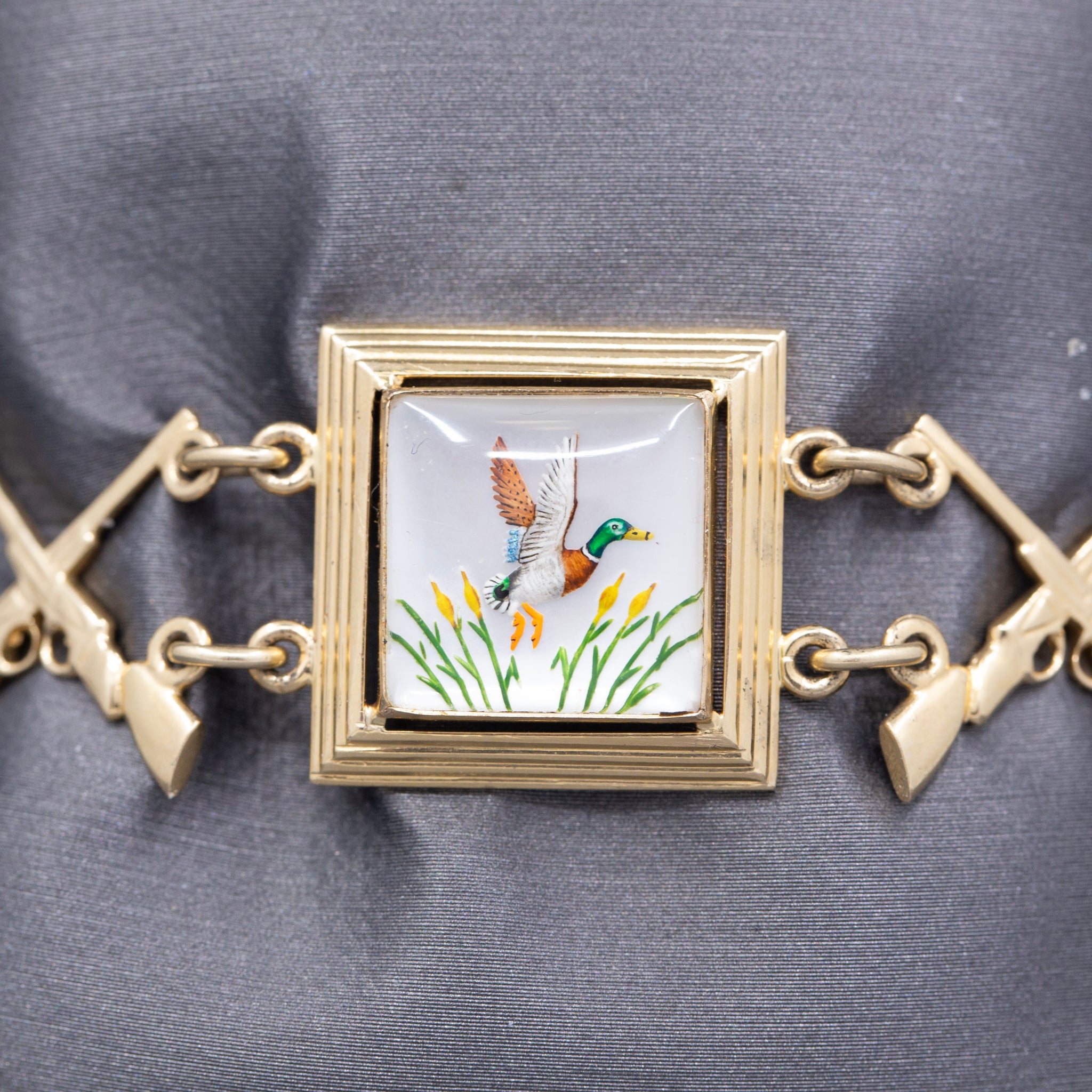 Rare Late Victorian Essex Crystal Duck Mallard Hunting Bracelet in 14k Yellow Gold