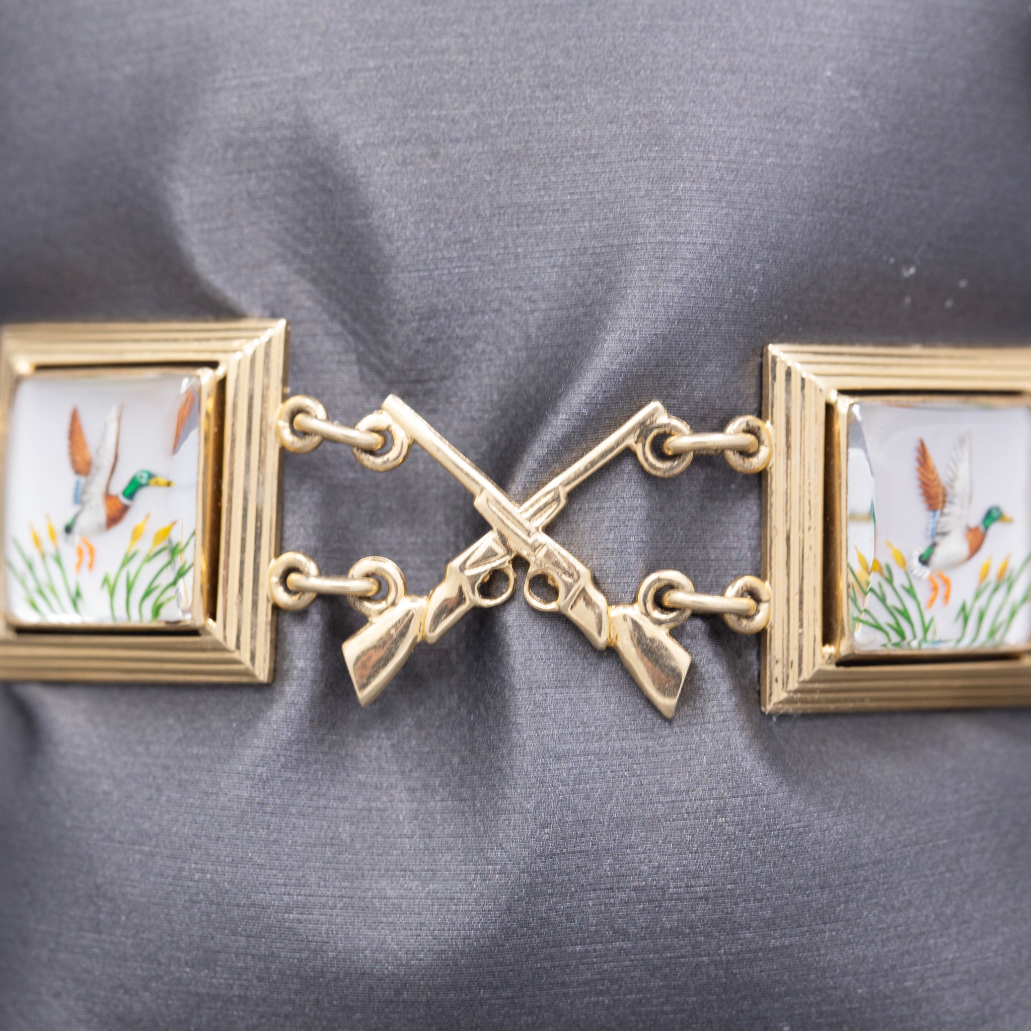 Rare Late Victorian Essex Crystal Duck Mallard Hunting Bracelet in 14k Yellow Gold