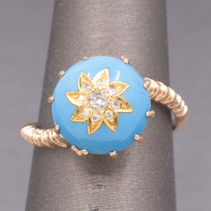 Victorian Rose Cut Diamond Turquoise Enamel Cocktail Ring in 14k Rosy Gold