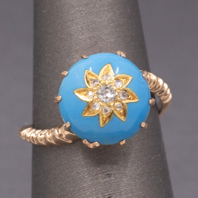 Victorian Rose Cut Diamond Turquoise Enamel Cocktail Ring in 14k Rosy Gold