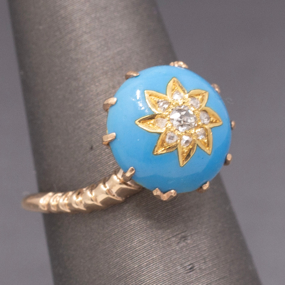 Victorian Rose Cut Diamond Turquoise Enamel Cocktail Ring in 14k Rosy Gold