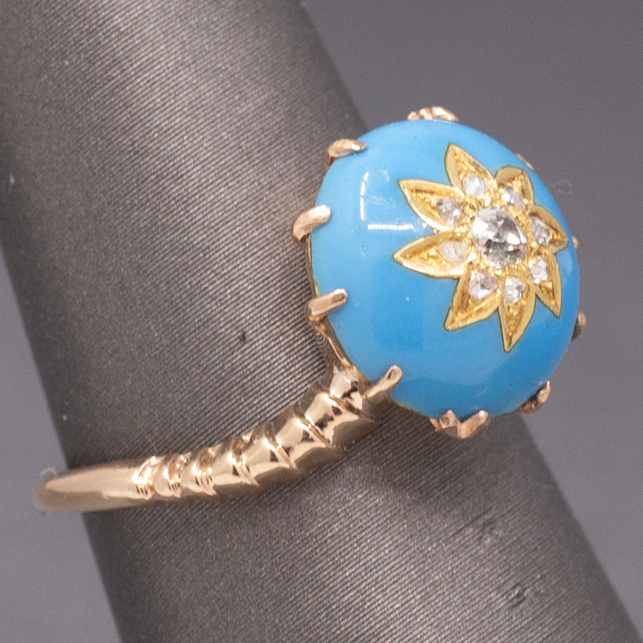 Victorian Rose Cut Diamond Turquoise Enamel Cocktail Ring in 14k Rosy Gold
