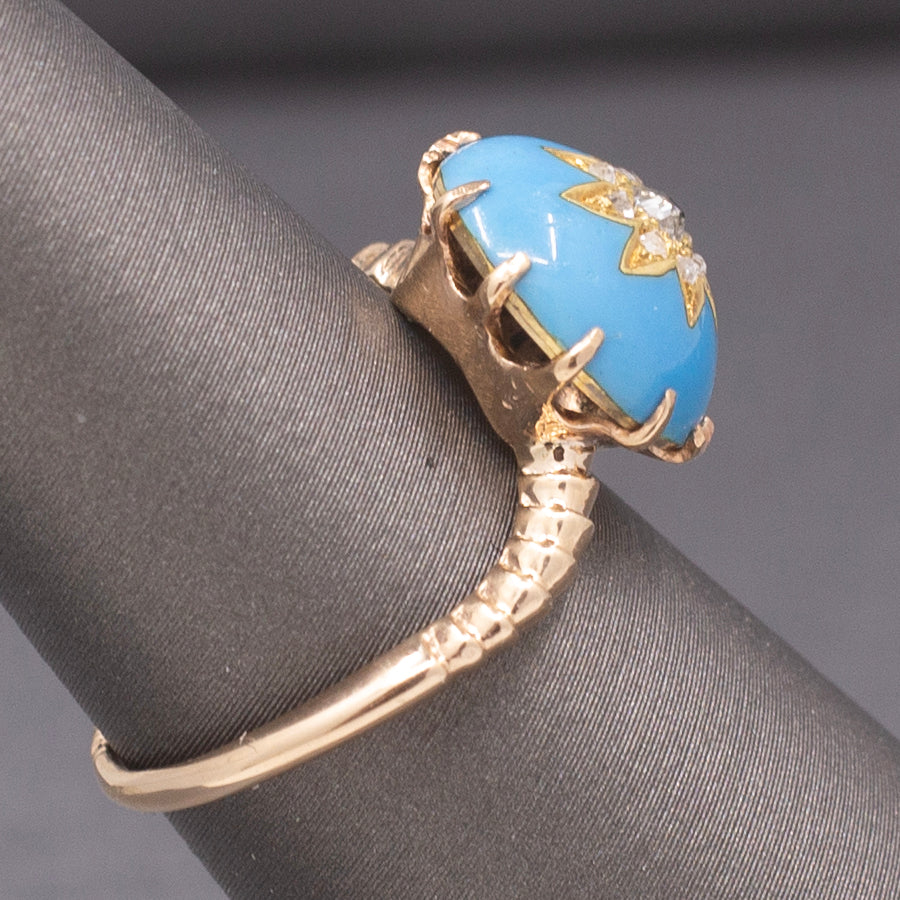 Victorian Rose Cut Diamond Turquoise Enamel Cocktail Ring in 14k Rosy Gold
