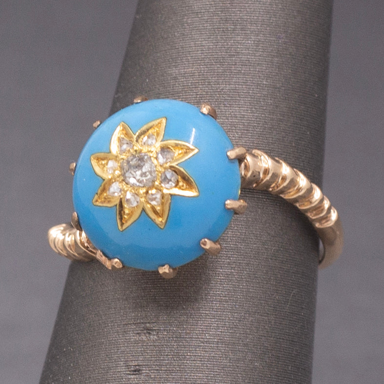 Victorian Rose Cut Diamond Turquoise Enamel Cocktail Ring in 14k Rosy Gold