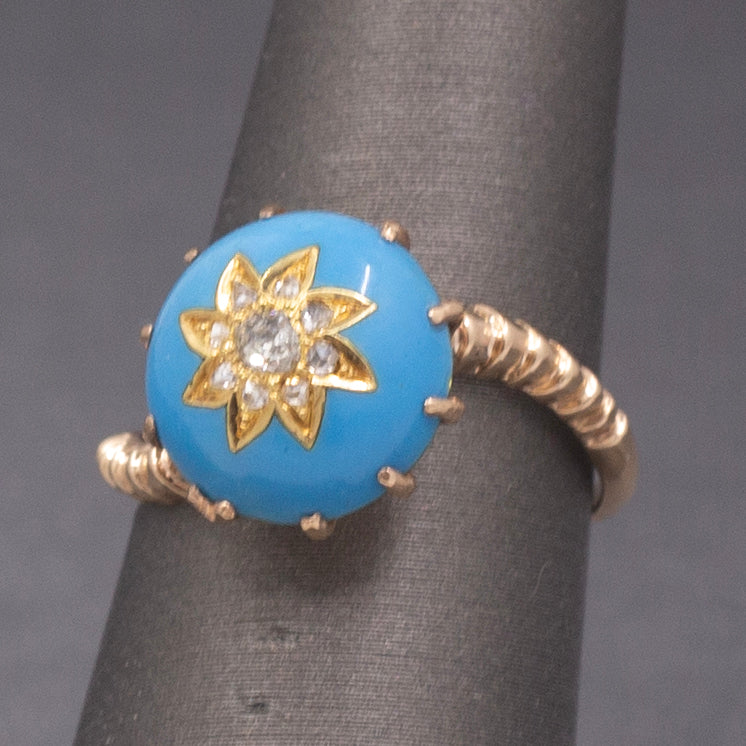 Victorian Rose Cut Diamond Turquoise Enamel Cocktail Ring in 14k Rosy Gold