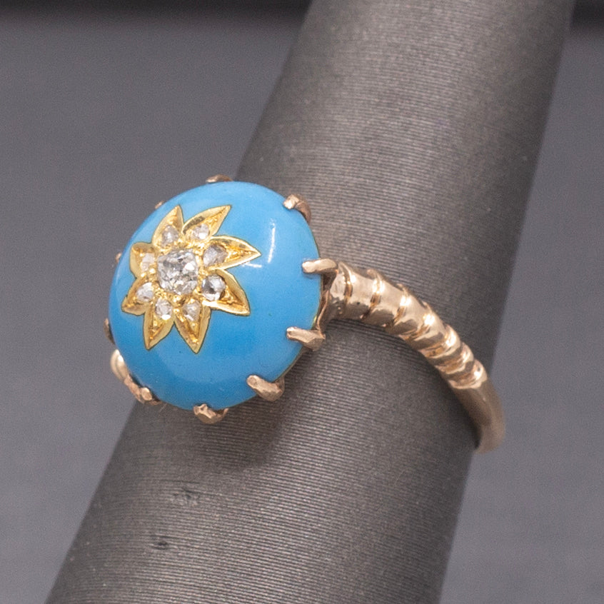 Victorian Rose Cut Diamond Turquoise Enamel Cocktail Ring in 14k Rosy Gold