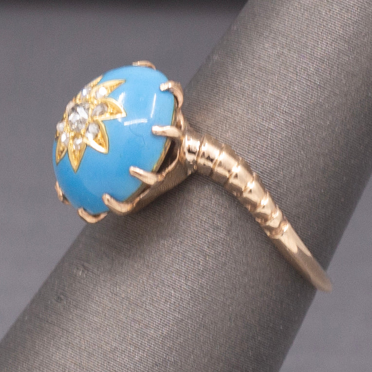 Victorian Rose Cut Diamond Turquoise Enamel Cocktail Ring in 14k Rosy Gold