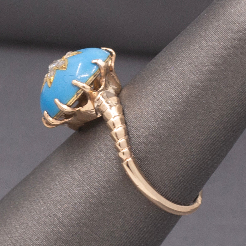 Victorian Rose Cut Diamond Turquoise Enamel Cocktail Ring in 14k Rosy Gold