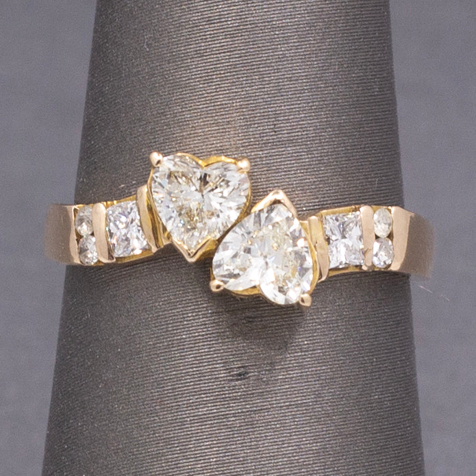 Darling Double Heart Diamond "Toi et Moi" Band Ring in 14k Yellow Gold