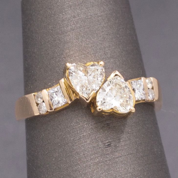 Darling Double Heart Diamond "Toi et Moi" Band Ring in 14k Yellow Gold